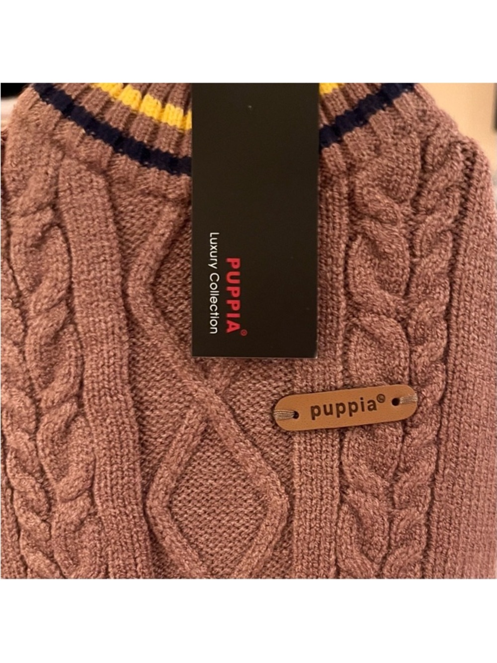 🆕-Puppia Joise- Brown Cable-Knit Dog Sweater w/Striped Trim- Small Medium Dogs - Picture 6 of 11